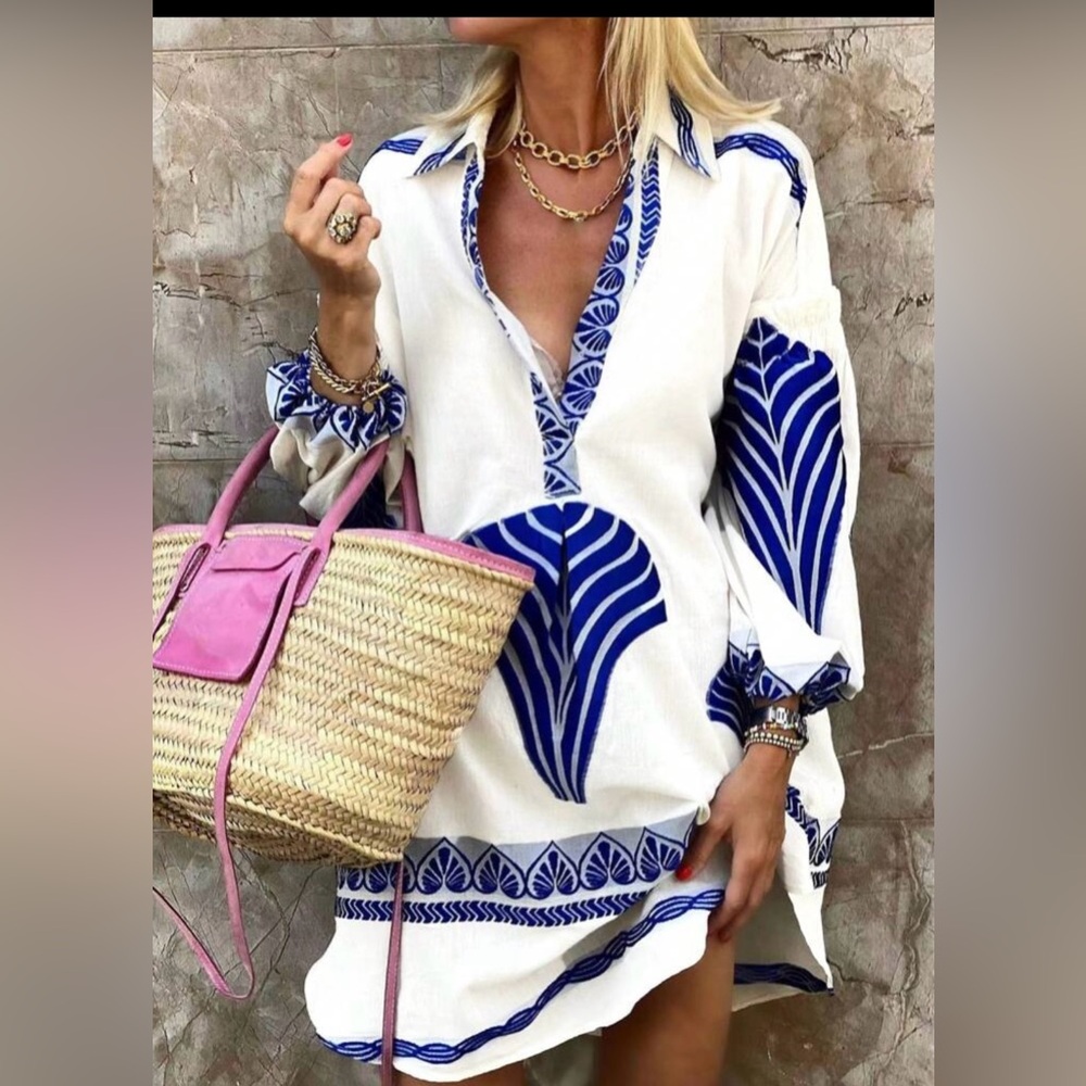 White & Blue Printed V-Neck Swim Cover-Up Tunic